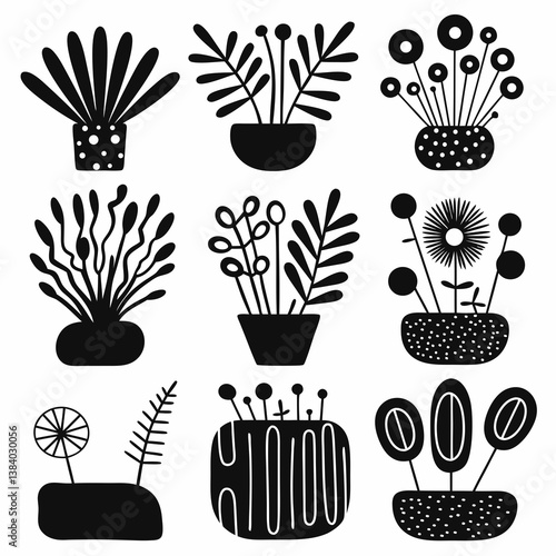 Artistic Flora Ensemble: A striking monochrome illustration showcases an array of stylized potted plants, each with unique botanical forms.