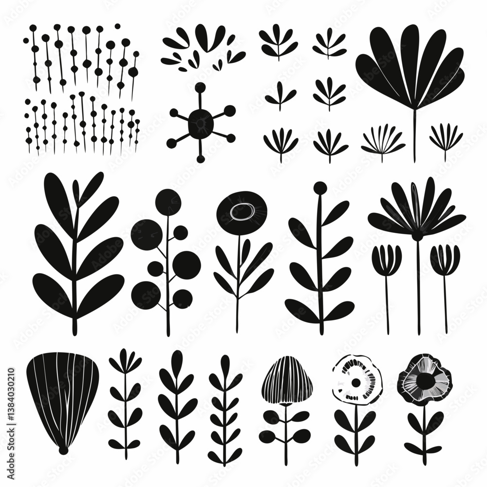 Fototapeta premium Black and White Botanical Elements: An elegant array of stylized black botanical elements perfect for design and illustration projects