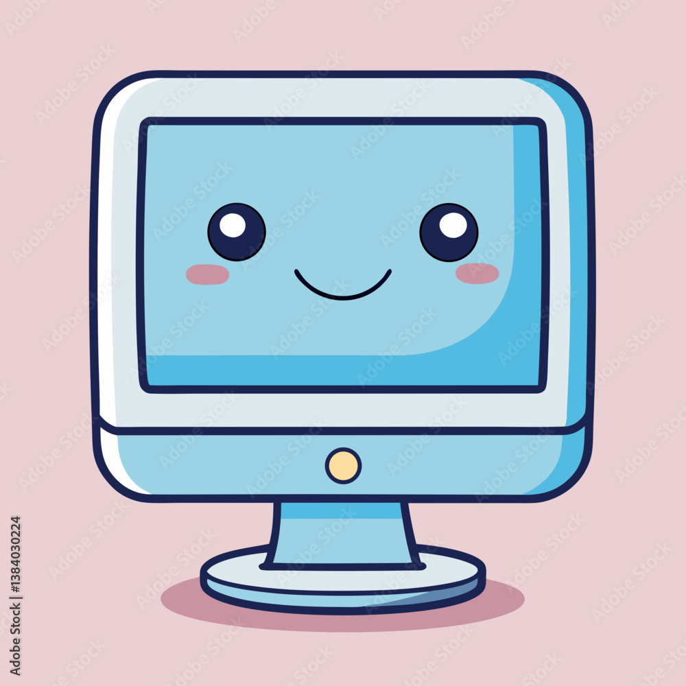 A cheerful computer monitor with a happy face, radiating positivity and friendliness in a light blue and pastel pink digital illustration. A cheerful computer monitor with a happy face, radiating positivity and friendliness in a light blue and pastel pink digital illustration.