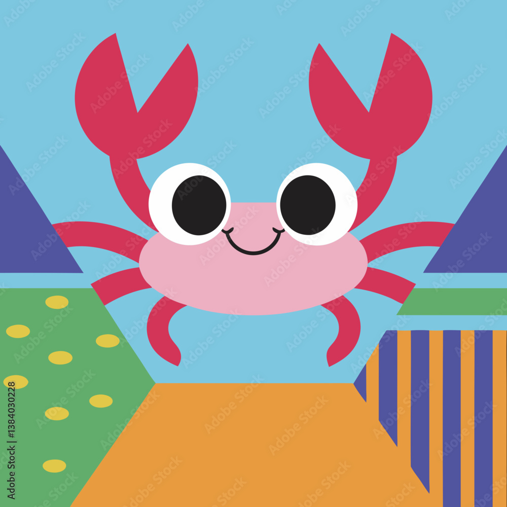 A cheerful crab smiles playfully amidst a vibrant geometric seascape, showcasing bold colors and playful shapes. A cheerful crab smiles playfully amidst a vibrant geometric seascape, showcasing bold colors and playful shapes.