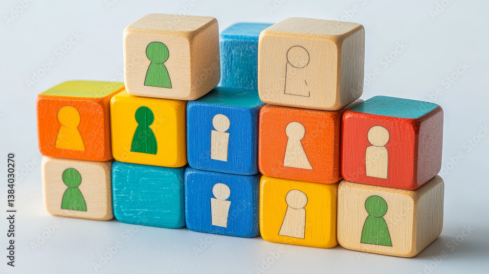 People communication network concept. Organization and connection. Many wood cubes with people icons. Top view of wood table.
People communication network concept. Organization and connection. Many wood cubes with people icons. Top view of wood table.