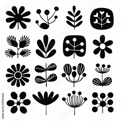 Floral Symphony: A collection of 16 elegant black and white floral designs, capturing the simple beauty and natural forms of diverse plant life.