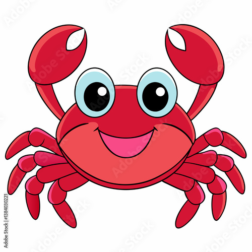 A cheerful, cartoon crab with big, bright eyes and a wide, happy smile, showcasing vibrant red coloring and bold outlines against a clean white background.