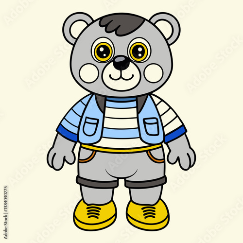 A cheerful gray bear cub, stylishly dressed in a blue striped shirt and denim vest, exudes playful charm with bright yellow shoes against a light beige background.