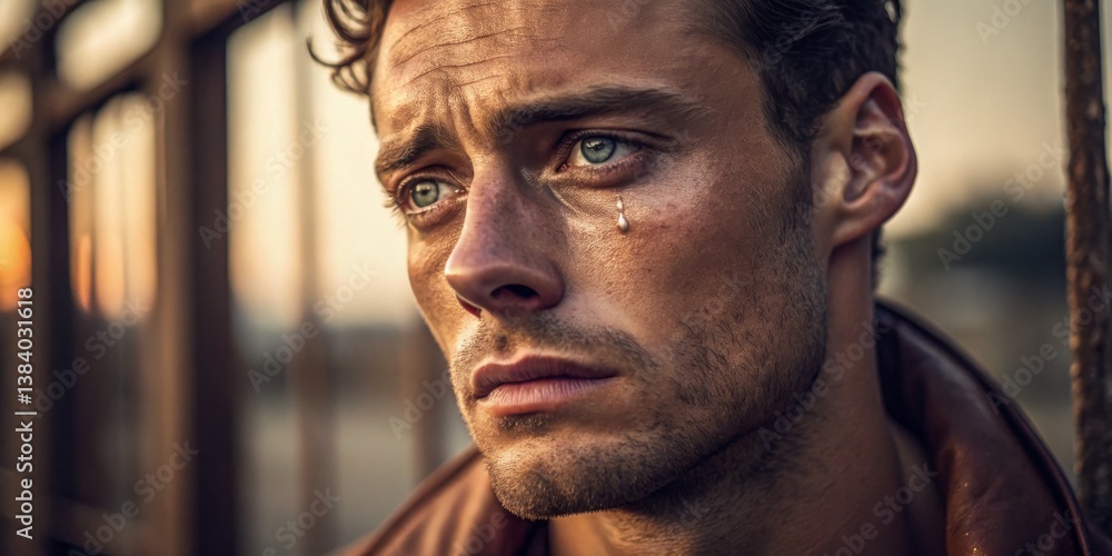 Emotional portrait of a young man with striking blue eyes in a twilight setting reflecting on life
