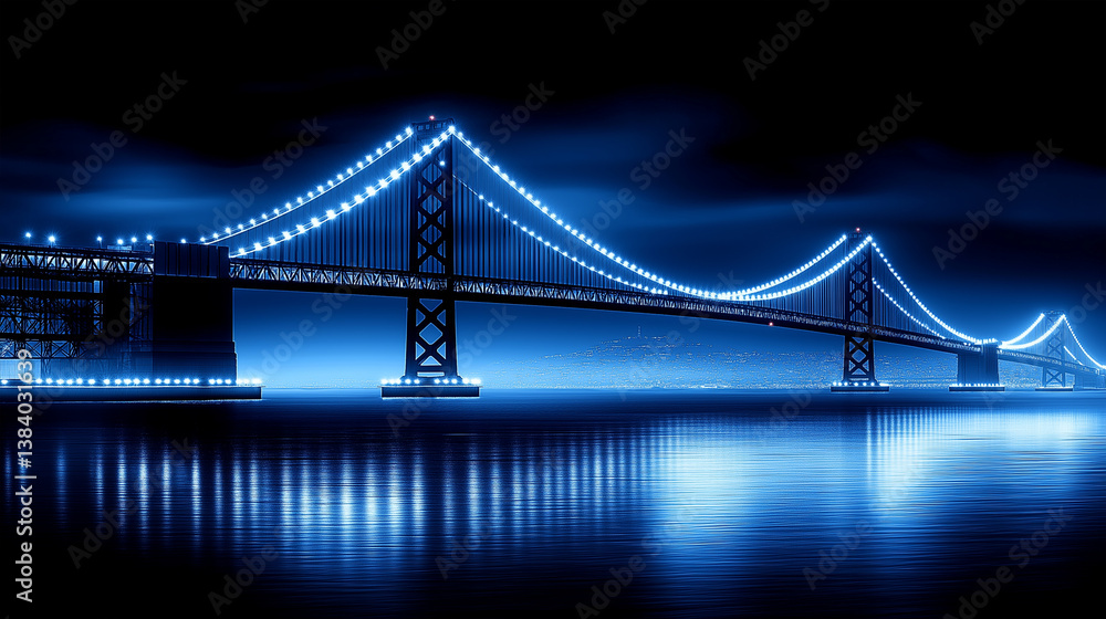 Fototapeta premium San Francisco Oakland Bay Bridge illuminated by blue white lights.