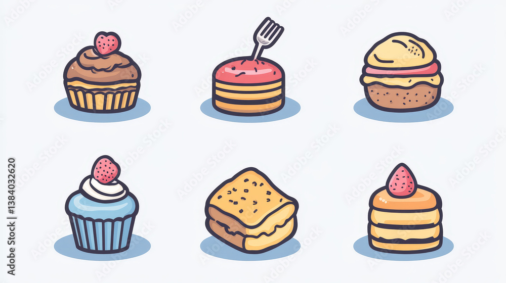 Bakery and pastry products icons set with various sorts of bread, sweet buns, cupcakes, dough and cakes for bakery shop or food design Bakery and pastry products icons set with various sorts of bread, sweet buns, cupcakes, dough and cakes for bakery shop or food design