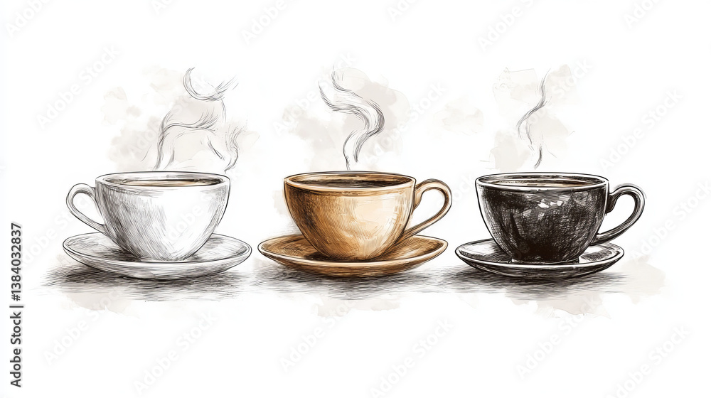 Doodle sketch set in brown and white of steaming hot beverages of coffee and tea in assorted cups Doodle sketch set in brown and white of steaming hot beverages of coffee and tea in assorted cups