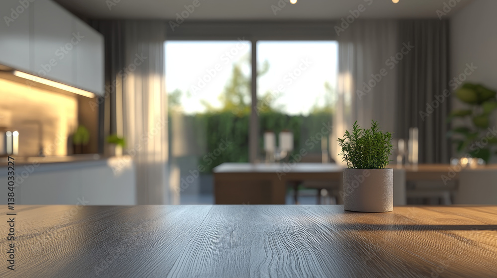 Fototapeta premium Wooden table top on blur kitchen room background,Modern Contemporary kitchen room interior.3d rendering
