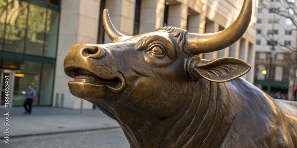 Bull sculpture stands proud in a bustling urban environment, showcasing craftsmanship amidst modern architecture