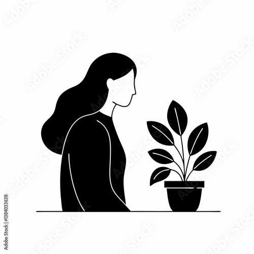 Woman admiring plant in minimalist illustration  