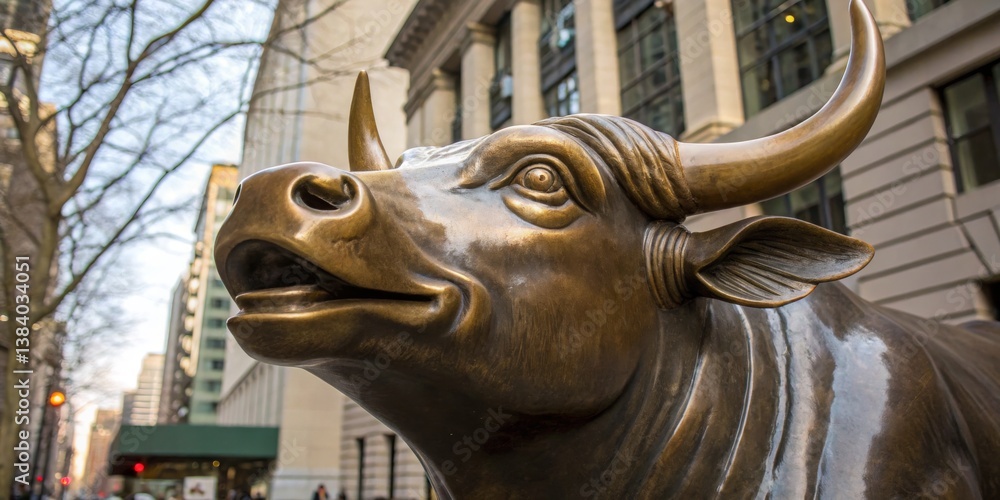 Bull sculpture in financial district surrounded by tall buildings during daytime