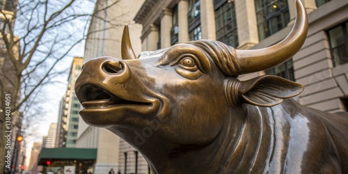 Obraz na płótnie Bull sculpture in financial district surrounded by tall buildings during daytime w salonie