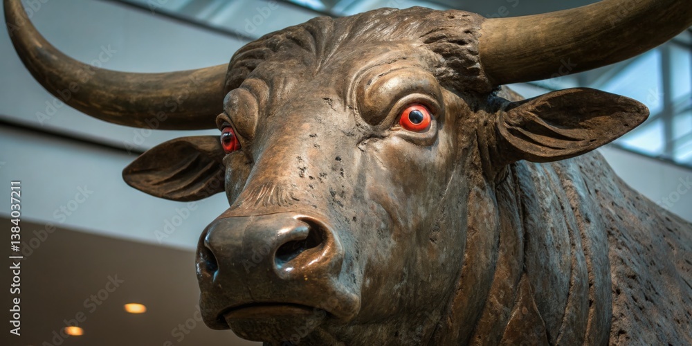 Majestic bronze bull sculpture with striking red eyes displayed in a modern art gallery during daytime