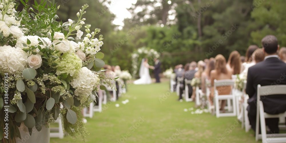 Fototapeta premium Outdoor wedding ceremony setup with white chairs