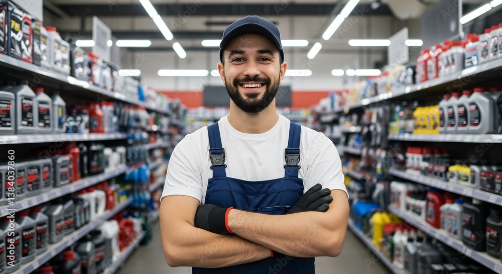 Smiling Male Mechanic in Auto Parts Store, Confident and Friendly Service, Automotive Retail, Car Maintenance Smiling Male Mechanic in Auto Parts Store, Confident and Friendly Service, Automotive Retail, Car Maintenance