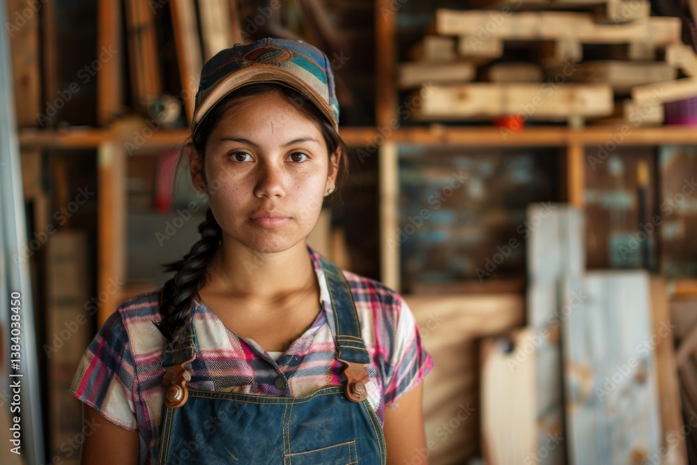 Portrait of a young hispanic female carpenter in shop Portrait of a young hispanic female carpenter in shop
