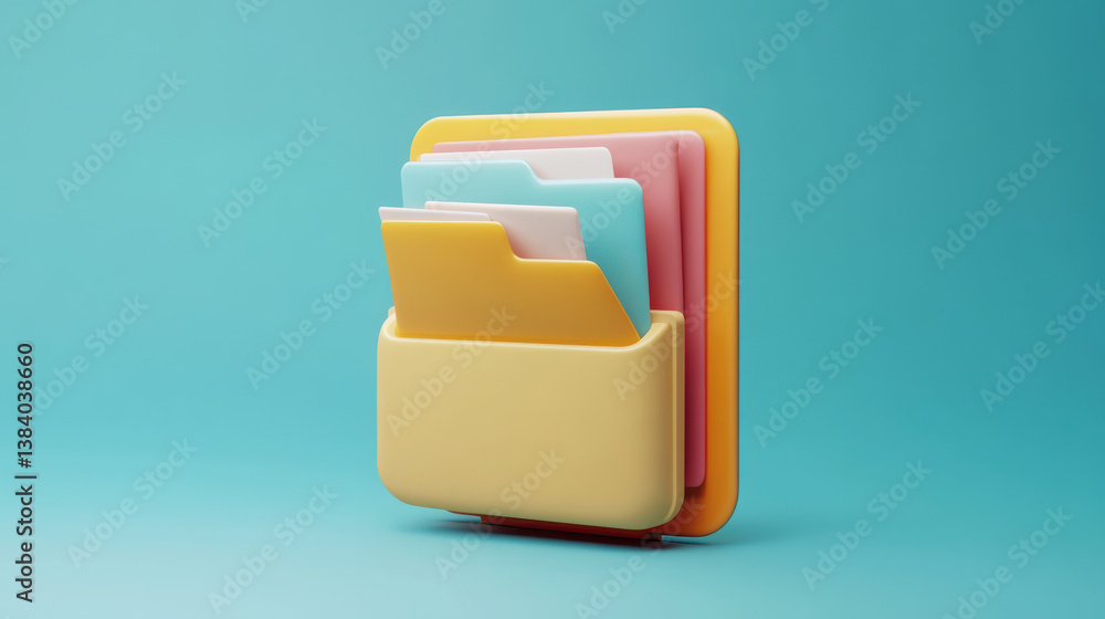 A collection of vibrant file folders in yellow, pink, and blue is organized in a cheery holder against a smooth blue backdrop, ideal for enhancing workspaces or studying A collection of vibrant file folders in yellow, pink, and blue is organized in a cheery holder against a smooth blue backdrop, ideal for enhancing workspaces or studying