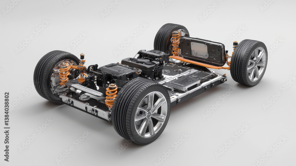 Chassis of an electric vehicle is shown with exposed battery system and suspension components highlighting the engineering design features. The view showcases intricacies focused on performance