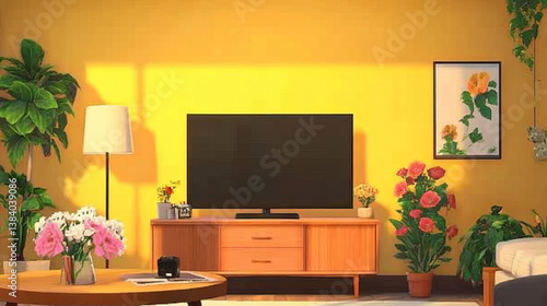 Fototapeta Naklejka Na Ścianę i Meble -  TV on yellow wall background have cabinet in modern living room with lamp,table,flower and plants ,3d rendering