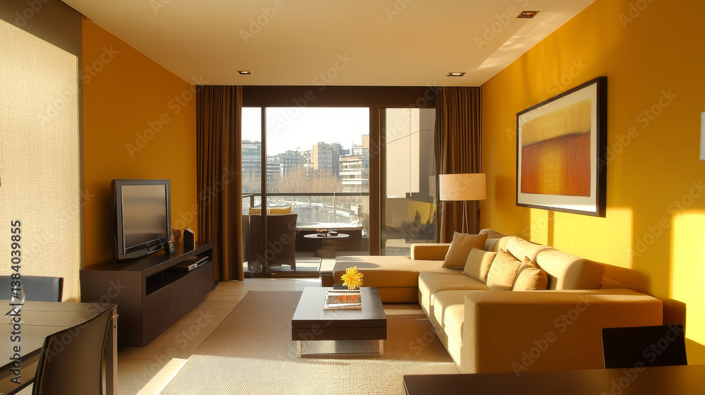 Fototapeta premium Bright and cozy modern living room interior have sofa and lamp with yellow wall background. 3d rendering