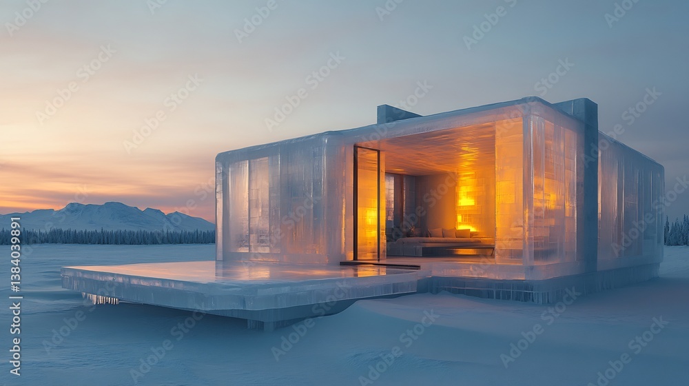 Fototapeta premium Surreal transparent ice block Arctic house with glowing interiors thermal insulated crystalline structures frost covered geometric facades and a stunning polar wilderness backdrop