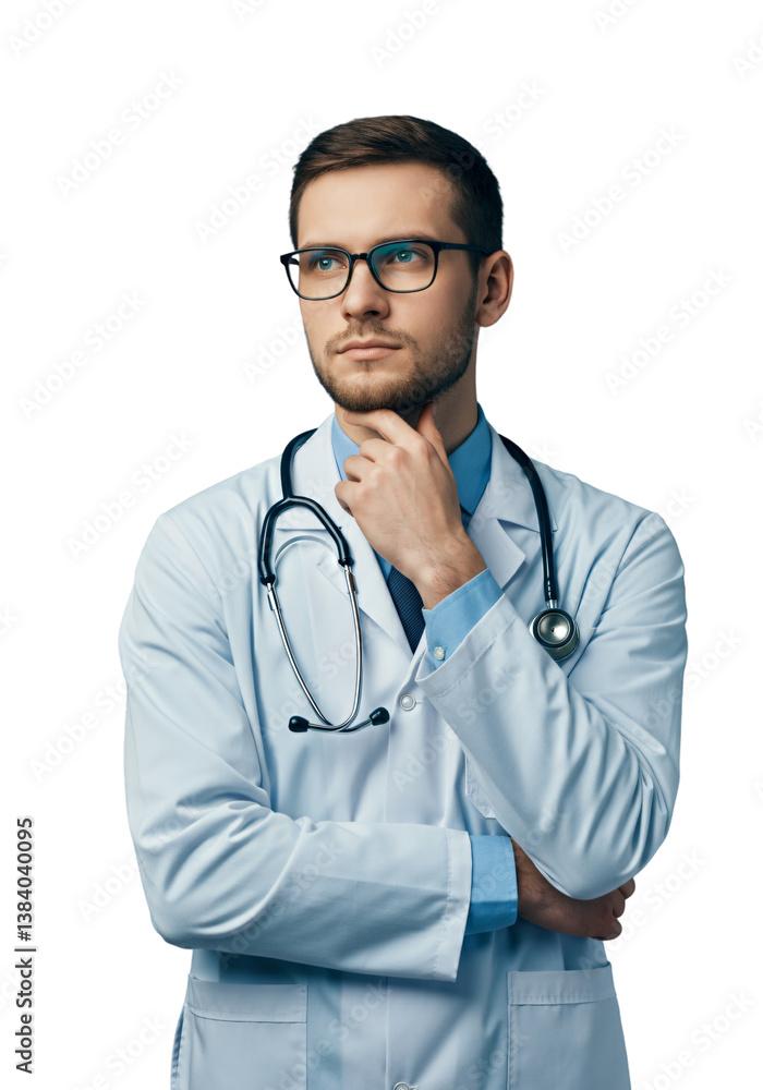 A thoughtful male doctor stands against a plain white background.