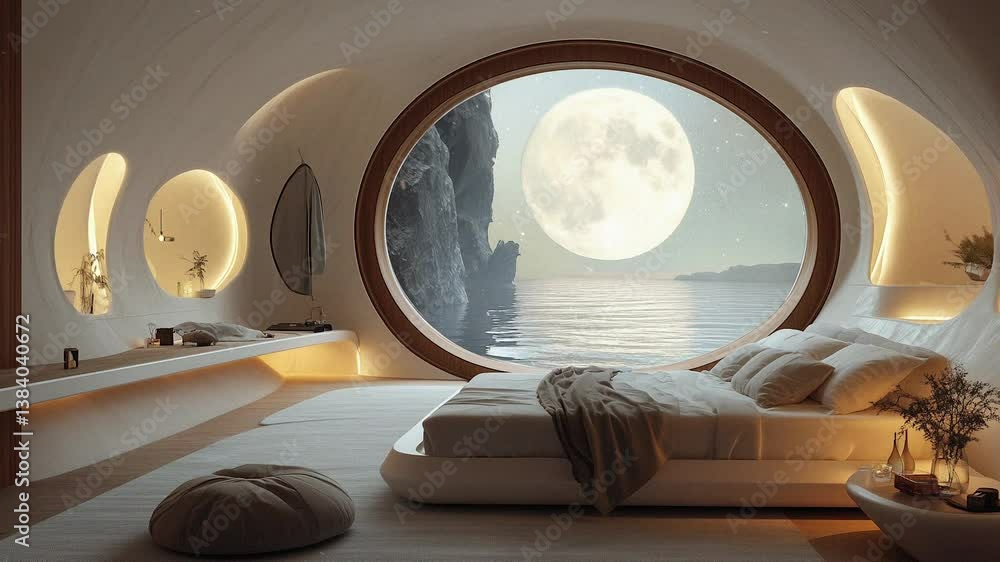 An ultra-modern cabin bedroom window futuristic garden. Minimalist decor, potted plants, soft neon accents tranquil, lofi-inspired retreat seamless looping 4K time-lapse virtual video animation An ultra-modern cabin bedroom window futuristic garden. Minimalist decor, potted plants, soft neon accents tranquil, lofi-inspired retreat seamless looping 4K time-lapse virtual video animation