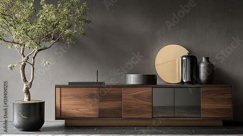Fototapeta Naklejka Na Ścianę i Meble -  Mockup cabinet in modern living room with plant on dark gray wall background,3d rendering