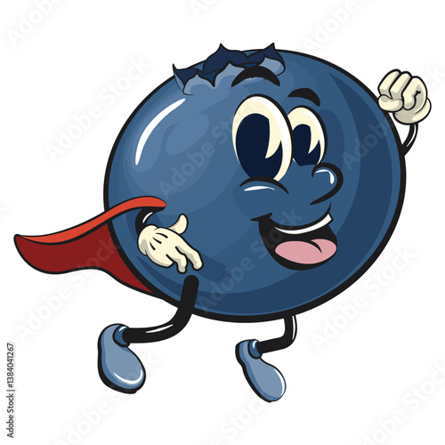 Cute blueberry fruit vektor illustration mascot character as flying superhero wearing a robe, work of hand drawn