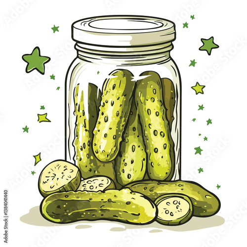 Hand Drawn Illustration of Pickled Cucumbers in a Glass Jar , isolated on white background