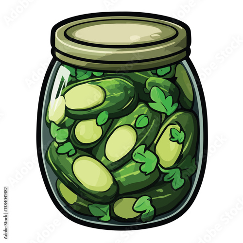 Hand Drawn Illustration of Pickled Cucumbers in a Glass Jar , isolated on white background