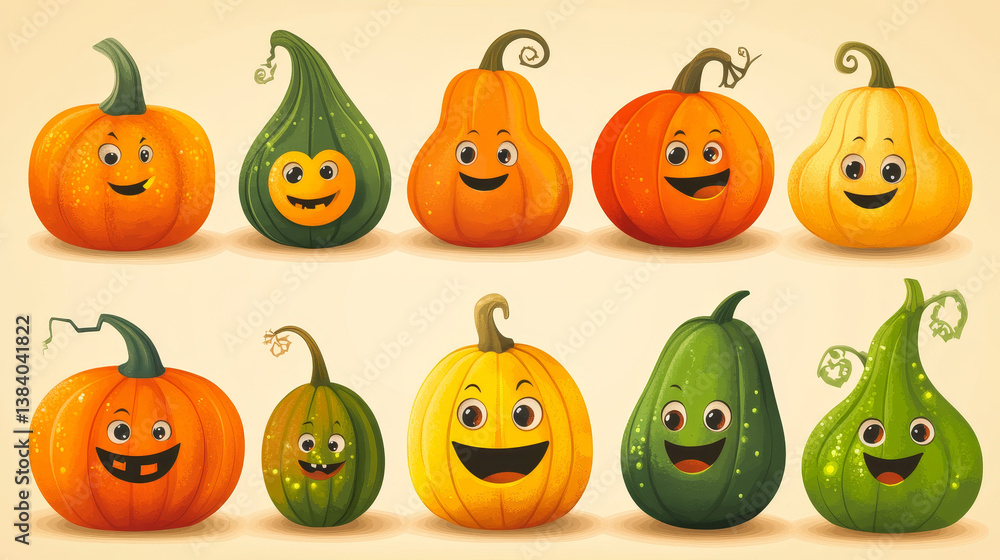 Pumpkin, squash and gourd vegetable cartoon icons. Orange and yellow autumn pumpkins with green leaf isolated vector symbols for agriculture harvest, Thanksgiving or Halloween holidays design Pumpkin, squash and gourd vegetable cartoon icons. Orange and yellow autumn pumpkins with green leaf isolated vector symbols for agriculture harvest, Thanksgiving or Halloween holidays design