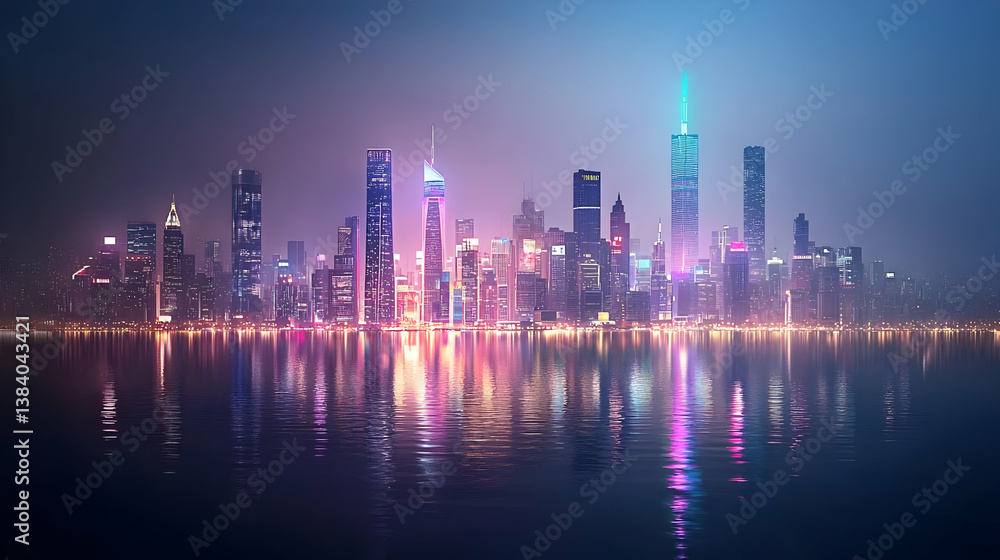 Fototapeta premium Vibrant Night City Skyline With Reflections
