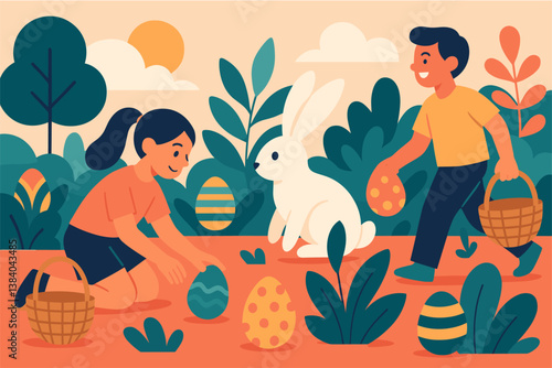 Easter egg hunt adventure: kids and bunny in a lush garden setting. Vector