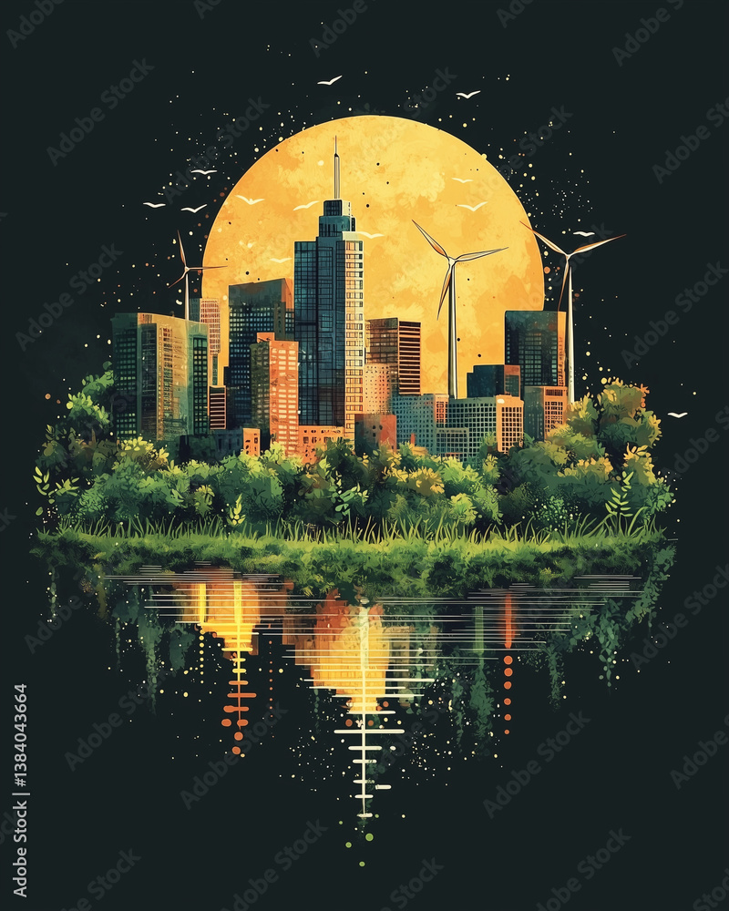 Flat design eco-friendly city illustration