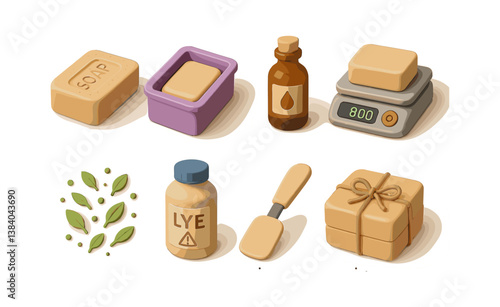 soap making icons: ingredients, tools, and finished products for diy craft enthusiasts. Vector icons