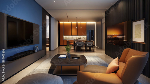 Wallpaper Mural Cabinet TV in modern living room,Interior of a bright living room with armchair on empty blue wall background. 3D rendering Torontodigital.ca