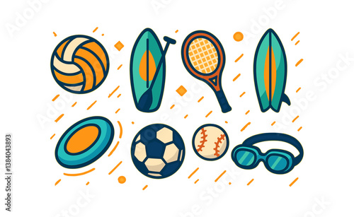 Colorful sports equipment icons collection: surfboards, rackets, balls, and more. Vector icons