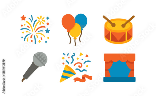 Celebration icons collection: fireworks, balloons, drums, microphone, party hat, stage. Vector icons