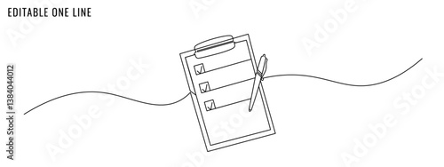 One continuous line drawing of clipboard with checklist. Text, report, exam, to do list concept. Editable stroke, vector illustration