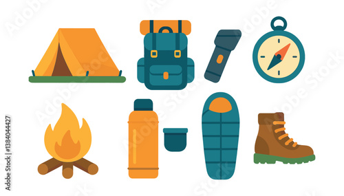 Essential camping gear icons: tent, backpack, compass & more in style. Vector icons