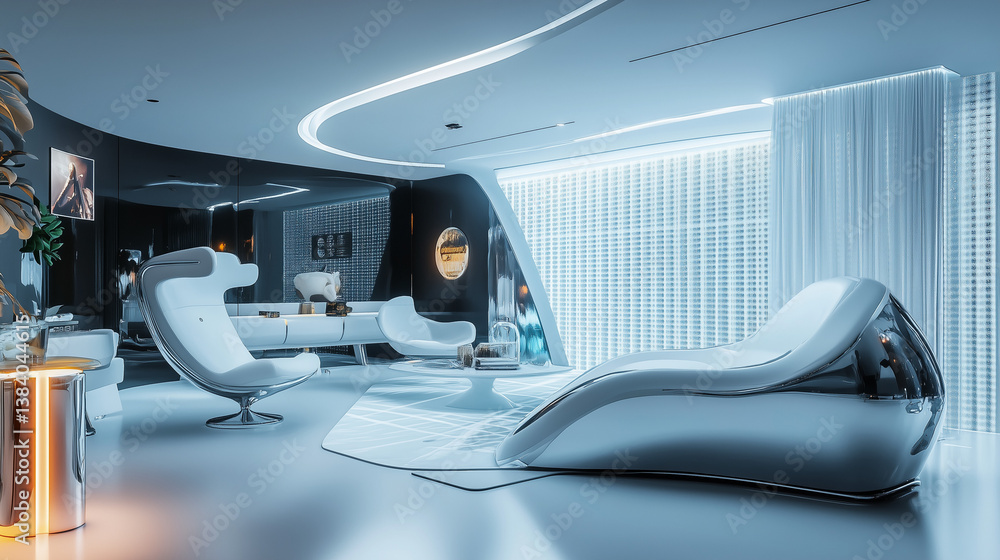 Futuristic White Living Room With Organic Curves and LED Lighting