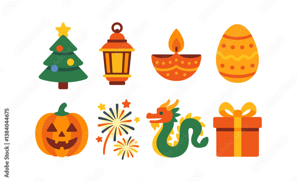 Fototapeta premium Festive icons collection: holiday, celebrations, and traditions in vibrant design. Vector icons