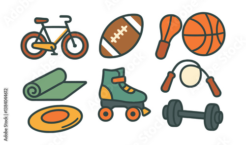 Sports and fitness essentials. colorful icons of exercise gear and sporting goods. Vector icons