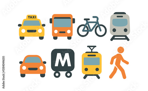 Urban transport icons: taxi, bus, bicycle, train, car, metro, tram, pedestrian. Vector icons