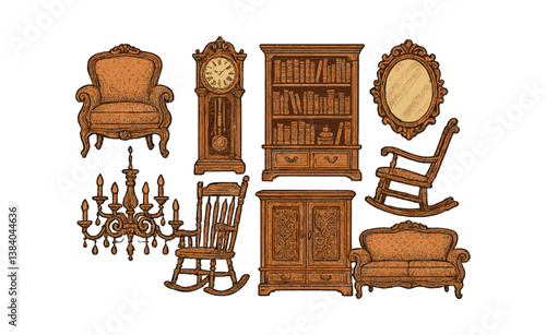 Vintage furniture icons collection: chairs, clock, chandelier, cabinet, bookshelf, mirror in style. Vector icons