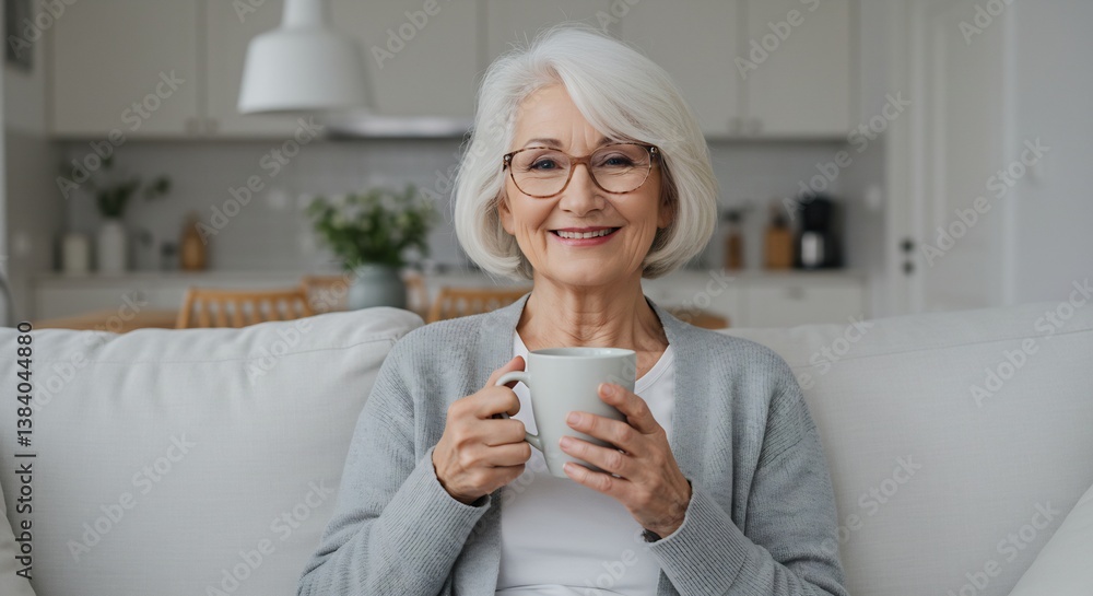Portrait of a smiling senior woman with short gray hair, wearing glasses, sitting on a couch holding a mug of tea or coffee at home Portrait of a smiling senior woman with short gray hair, wearing glasses, sitting on a couch holding a mug of tea or coffee at home