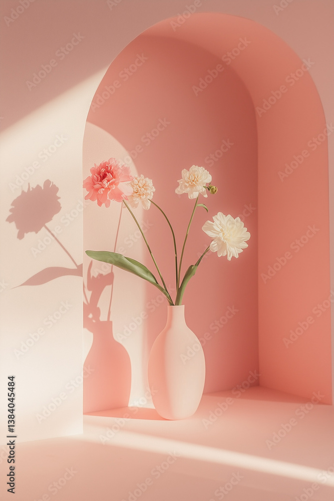 Soft Pink Still Life With Flowers and Archway Shadow Play