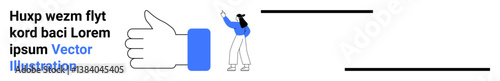Woman in blue interacting with a large thumbs-up hand icon. Ideal for approval, teamwork, appreciation, feedback, agreement, motivation, simple landing page